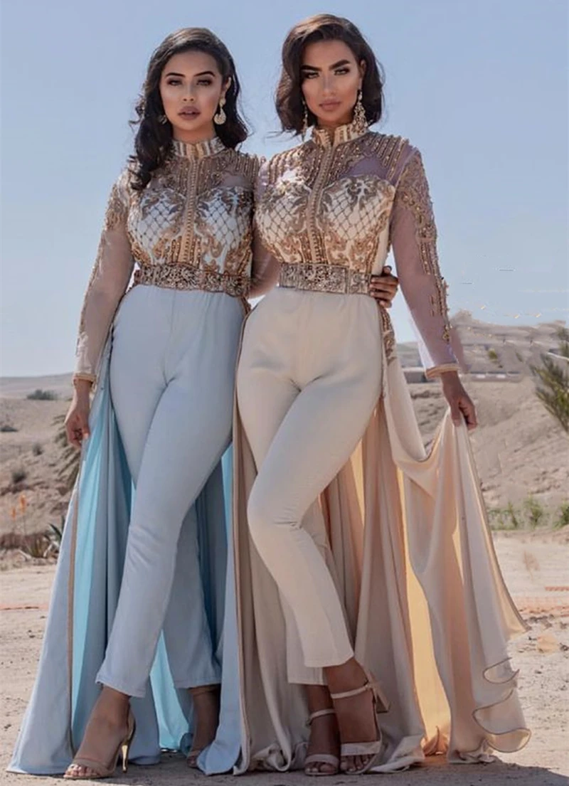 Arabic Caftan Jumpsuits Prom Dresses Long Sleeves High Neck Wedding Party Gowns Gold Lace Appliques Beaded Formal Evening Outfit
Arabic Caftan Jumpsuits Prom Dresses Long Sleeves High Neck Wedding Party Gowns Gold Lace Appliques Beaded Formal Evening Outfit