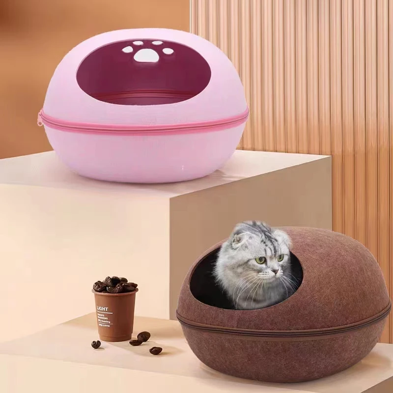 

Cat Bed Cats Sleeping Artificial Bag Felt House Breathable Semi Enclosed Pet Cave for With Nest Cushion Eggshell Detachable