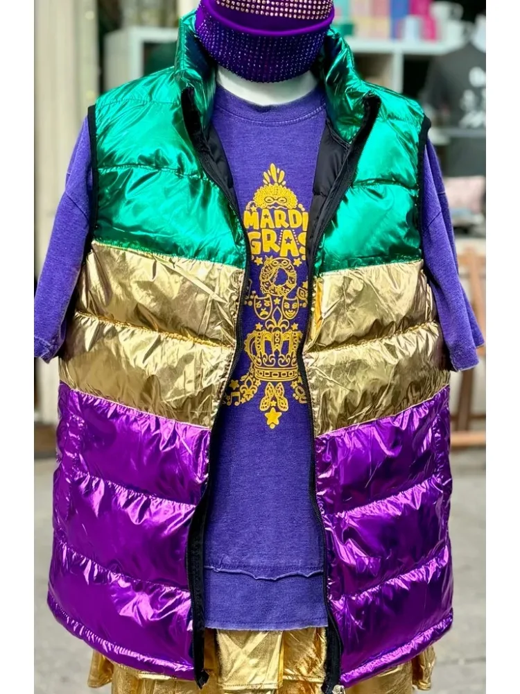 

Mardi Gras Color Block Puffer Vest Casual Contrast Color Quilted Vest Mardi Gras Color Block Puffer Vest
