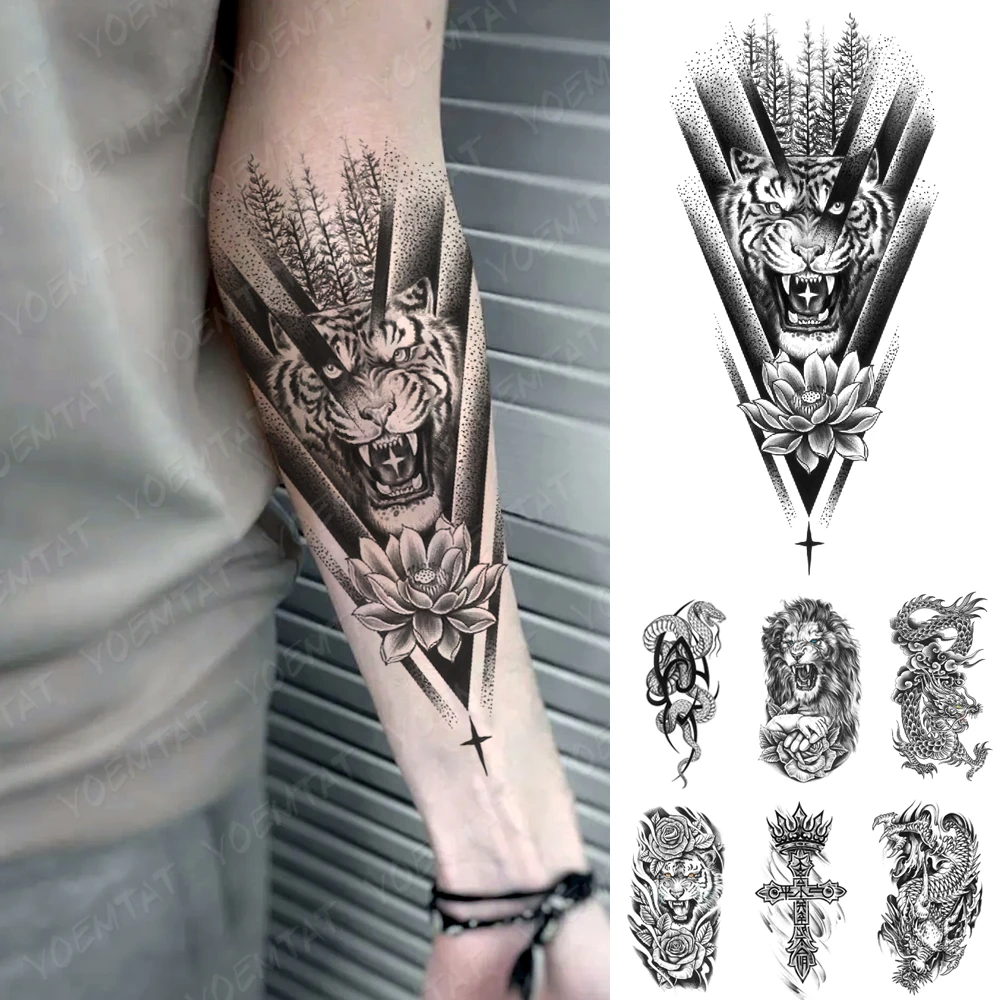 

Waterproof Temporary Tattoo Sticker Black Tiger Wolf Snake Lotus Flash Tatoo Arm Waist Animal Fake Tattoos Women Men Body Art