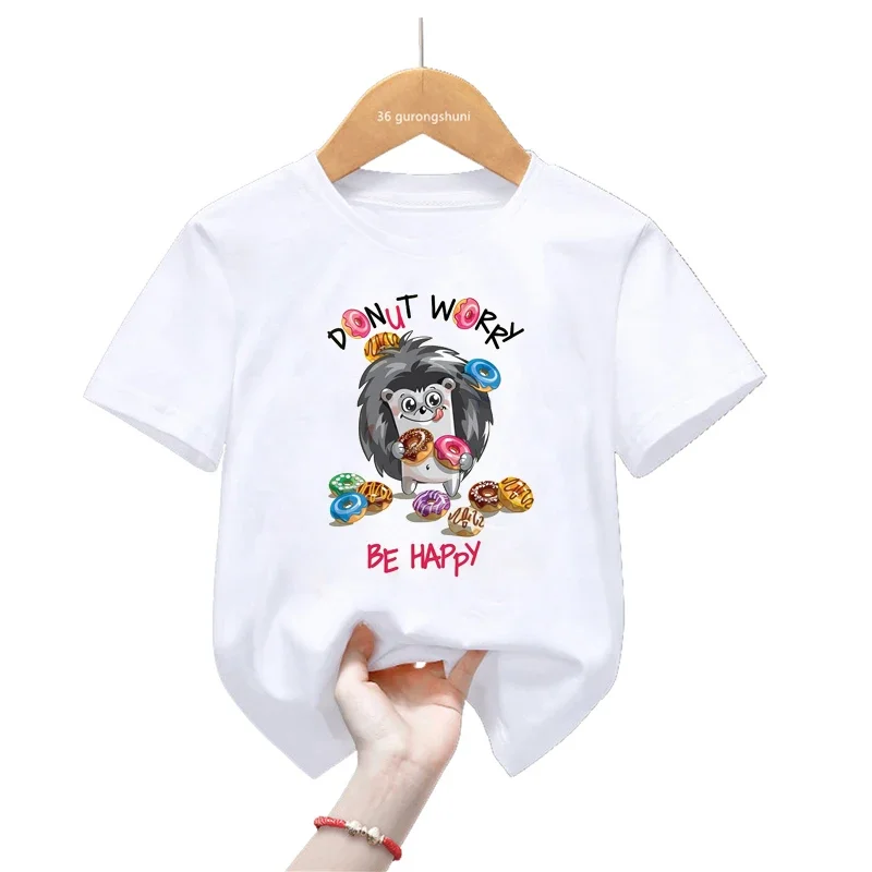 

Cute Kids Clothes Don'T Worry Be Happy Penguin/Hedgehog/ Pig Love Donuts Graphic Print T Shirt Girls Kawaii Kids Clothes Tops