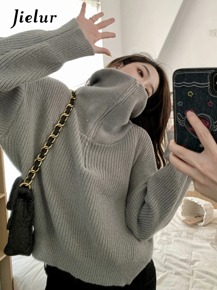 

Jielur Женский свитер вязаные топы на молнии в стиле ретро пуловер с длинным рукавом однотонные свободные женские свитера зимняя Женская водолазка