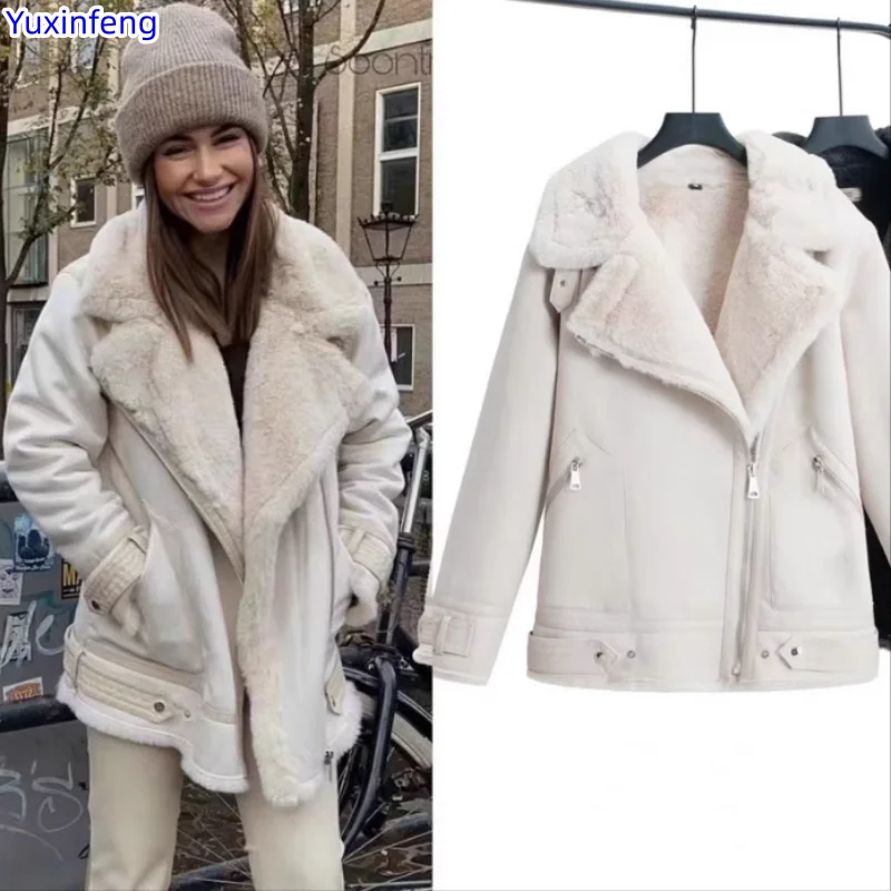 

Shearling Coat Women Beige Winter New Turndown Collar Fashion Loose Suede Jacket High Quality Thick Warm Fur Oversize Female
