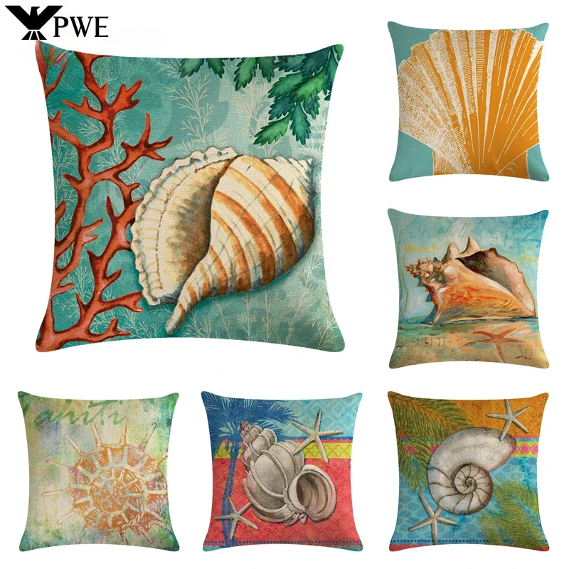 

Beautiful Sea Creatures Pillowcase Starfish Conch Linen Cushion Cover Living Room Sofa Furniture Decorative Pillowcase 45*45cm