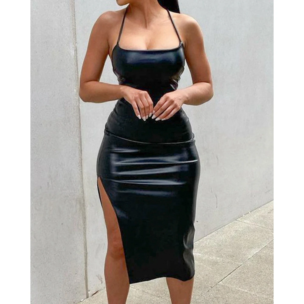 Women Neck-mounted Cisscross Bandage Pu Leather Bodycon Sexy Dress Backless High Split Summer Fashion Party Nightclub Midi Dress
Women Neck-mounted Cisscross Bandage Pu Leather Bodycon Sexy Dress Backless High Split Summer Fashion Party Nightclub Midi Dress