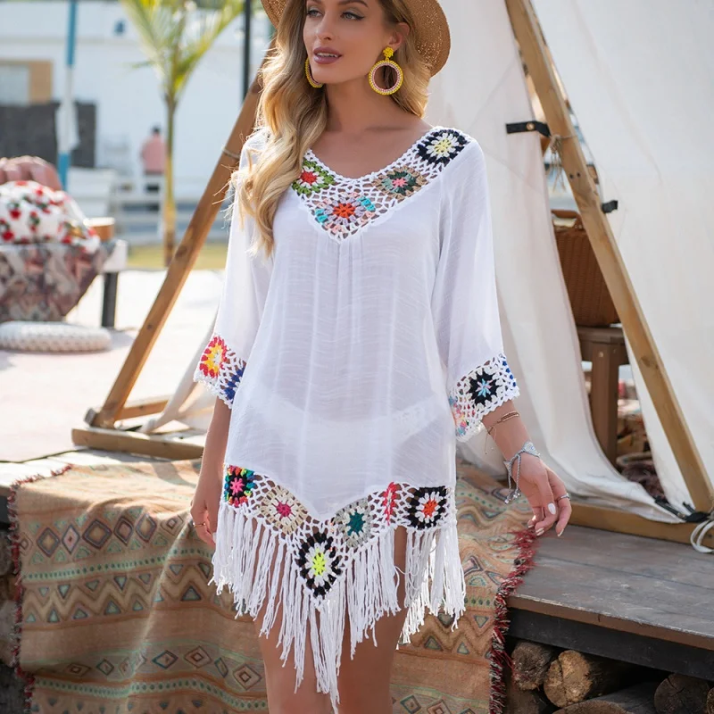 BIKINI White Bikini Cover Up With Fringe Trim Women Sexy Hollow Tunic Beach Dress Summer Bathing Suit Beachwear
BIKINI White Bikini Cover Up With Fringe Trim Women Sexy Hollow Tunic Beach Dress Summer Bathing Suit Beachwear