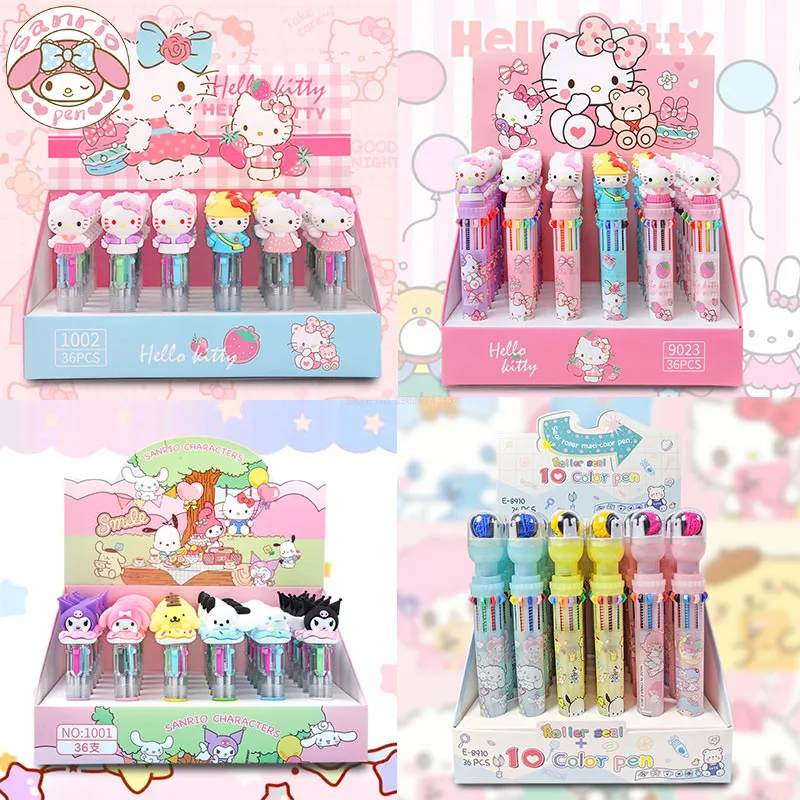 

Sanrio 12/36pcs Multicolor Ballpoint Pen School Stationery New Hello Kitty Cute Cartoon Press 10 Color Hand-held Pen Student Gif