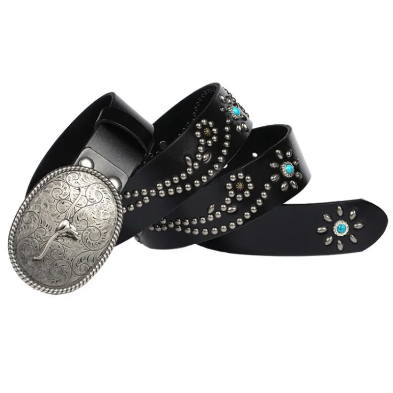 

Personalized retro artistic women's belt trend neutral men's rivet punk cowhide belt mens belt punk belts