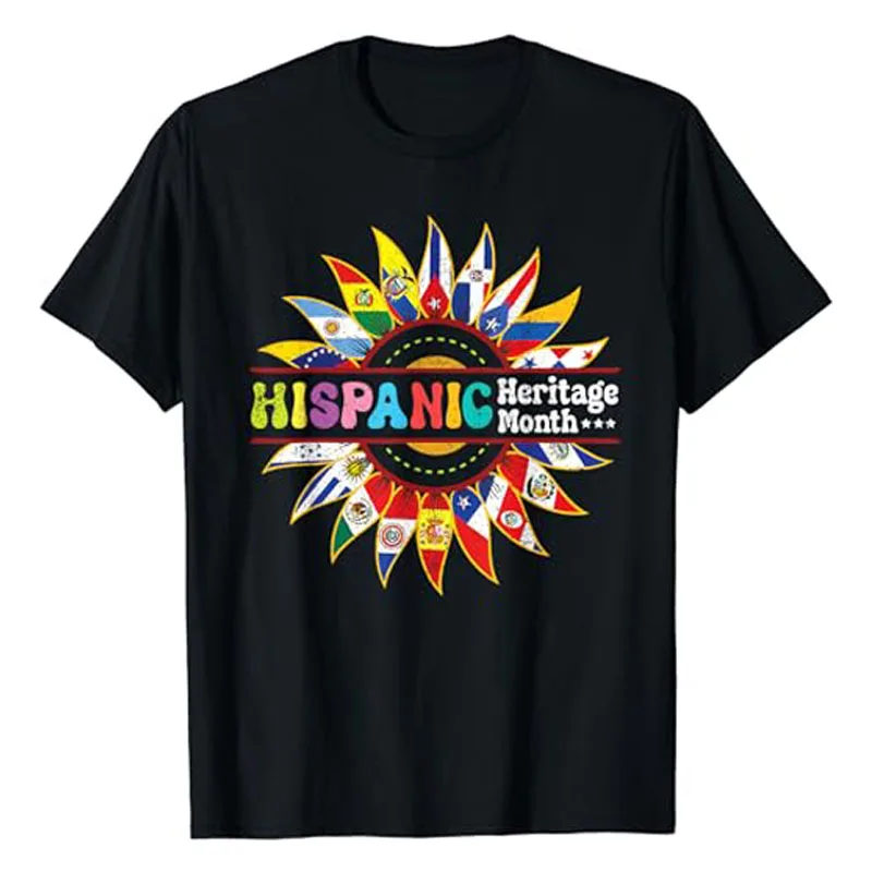 

Hispanic Heritage Month Latino Countries Flags Sunflower T-Shirt Hispanic Pride Apparel Humor Funny Graphic Tee Short Sleeve Top