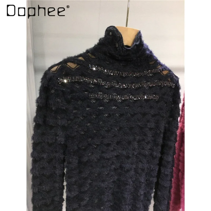 

Women's Thick Rhinestone Knitted Bottoming Shirt Autumn and Winter Furry Lace Turtleneck Slim Solid Color Bottoming Top Ladies