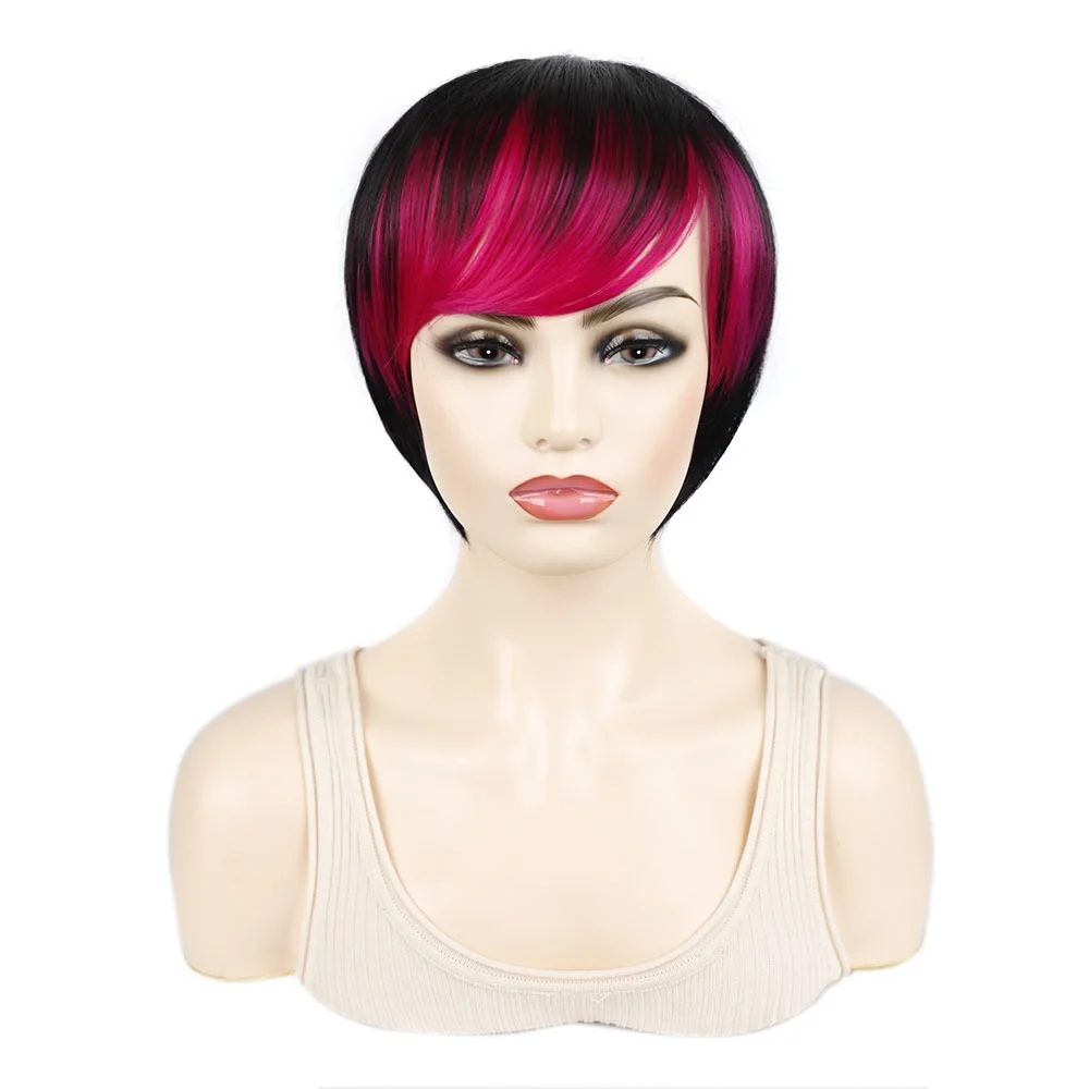 

Wholesale Women's Black Rose Red Pink Short Straight Hair Colored Wig Head Dance Club Personality Bleach Gradient Diagonal Bangs