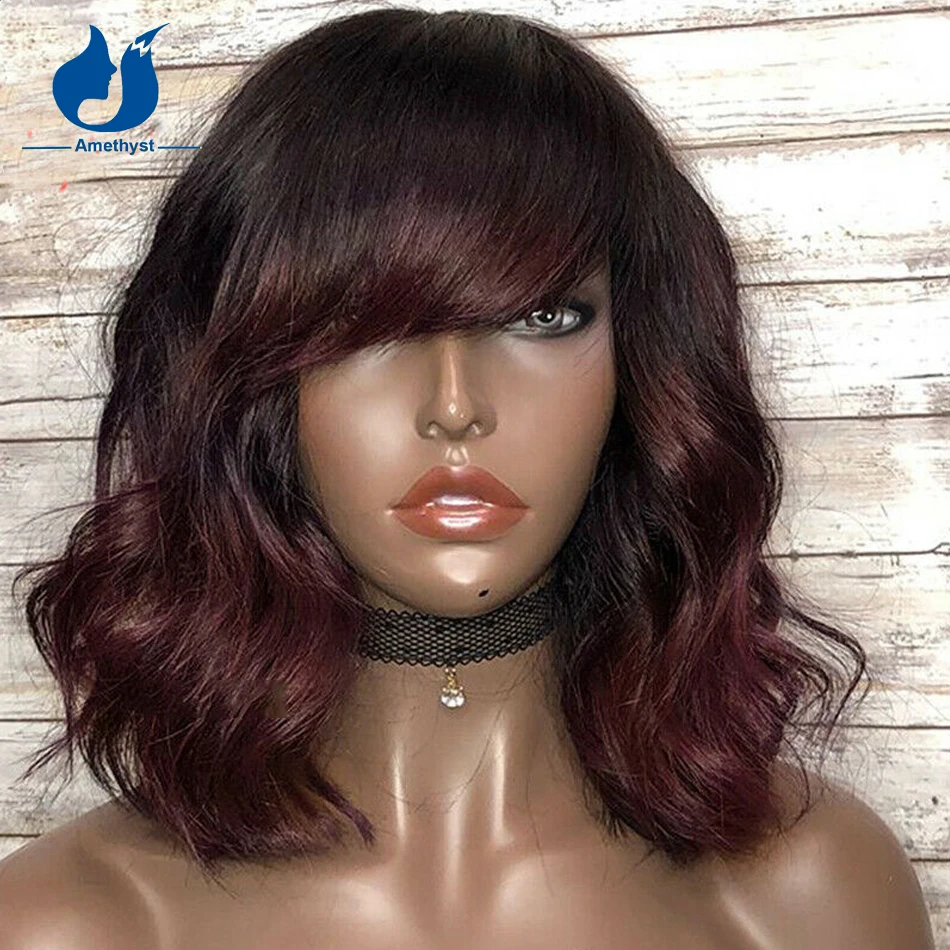 

Amethyst Short 99J Ombre Bob Wigs Human Hair For Women Brazilian Remy O Scalp Top Full Machine Wig With Bangs Red Wave Burgundy