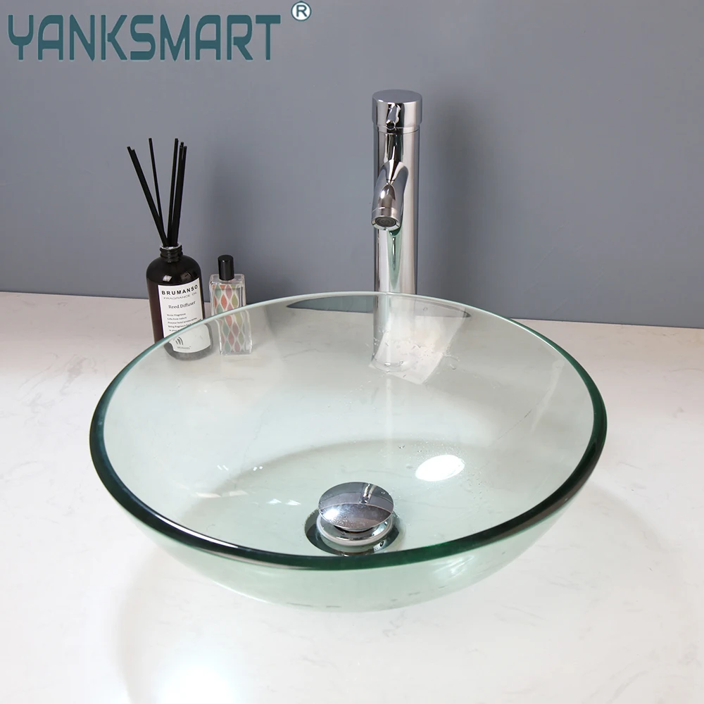 

YANKSMART Round Bowl Bathroom Faucet Combo Glass Washbasin Vessel Basins Faucets Hot and Cold Sink Mixer Water Tap W/ Pup Drain