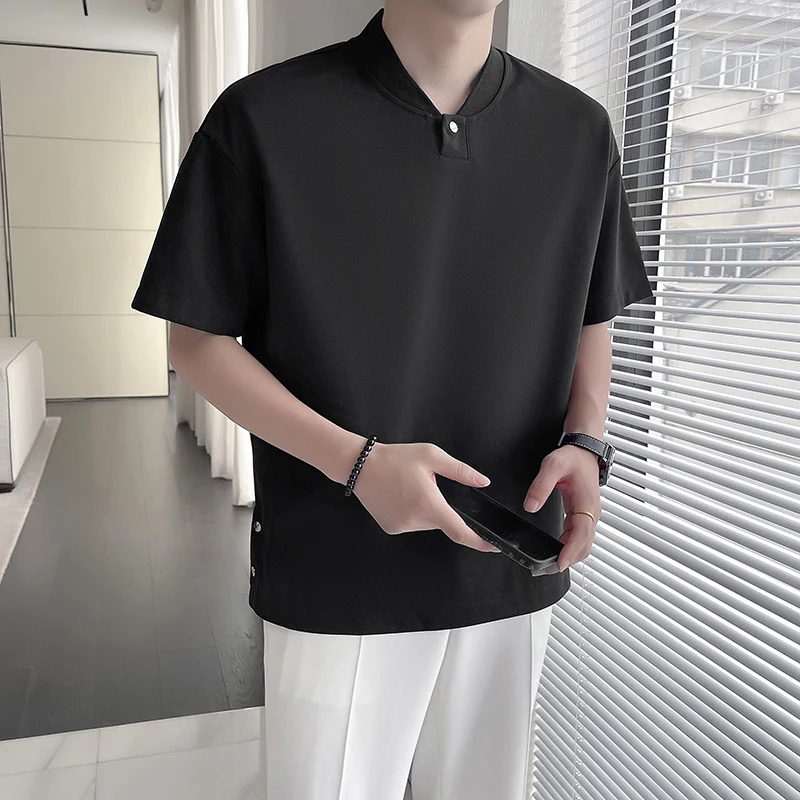 

Fine Men's Fashion Korean Version of Casual Solid Color British Style Matching Crewneck Side Slit Design Mid-sleeve T-shirt