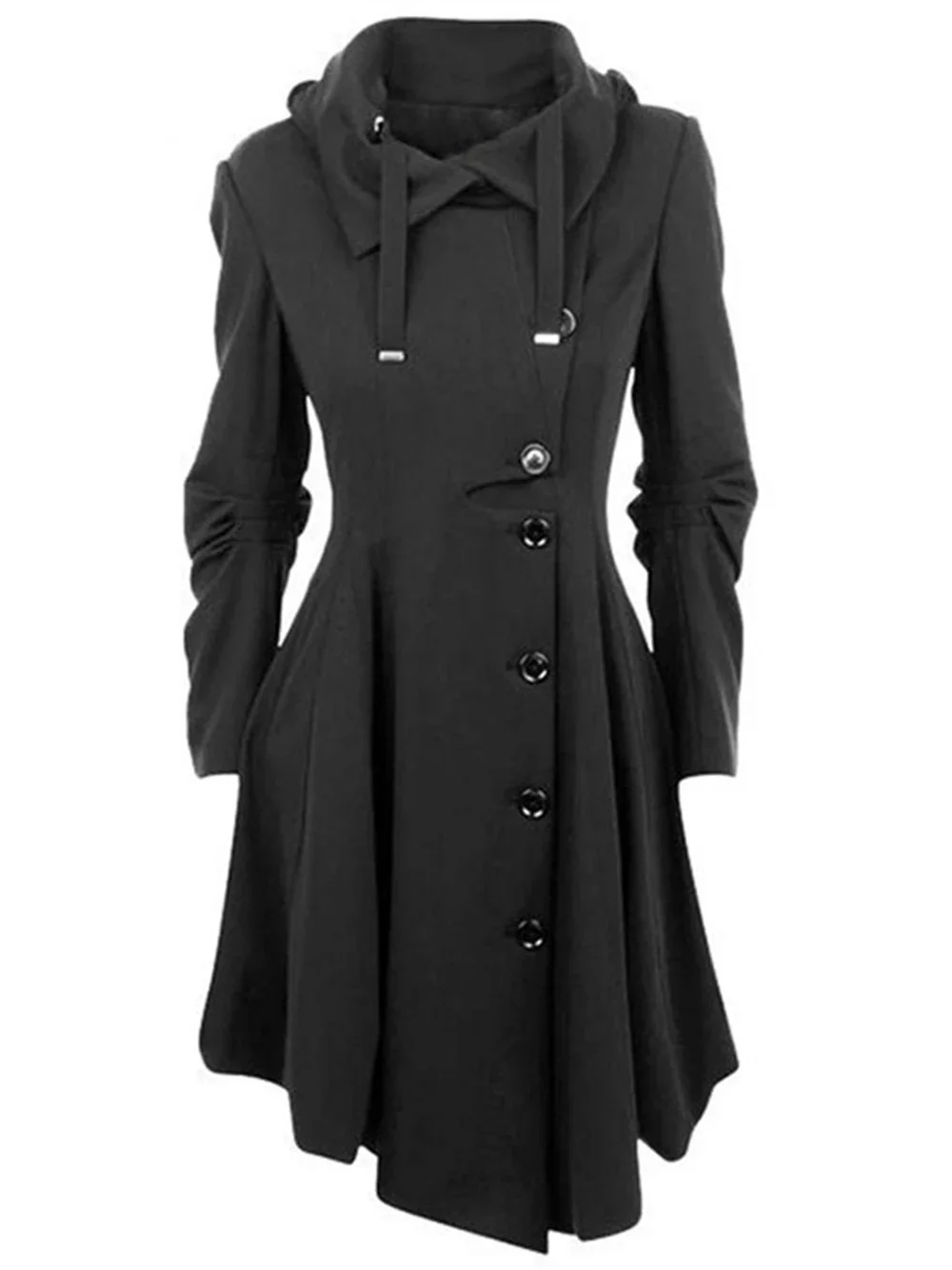 

Ages 18-35 Years Old Goth Black Overcoat Trench Coat 2024 Long Slim Asymmetric Lapel Collar Button Elegant Vintage Outwears