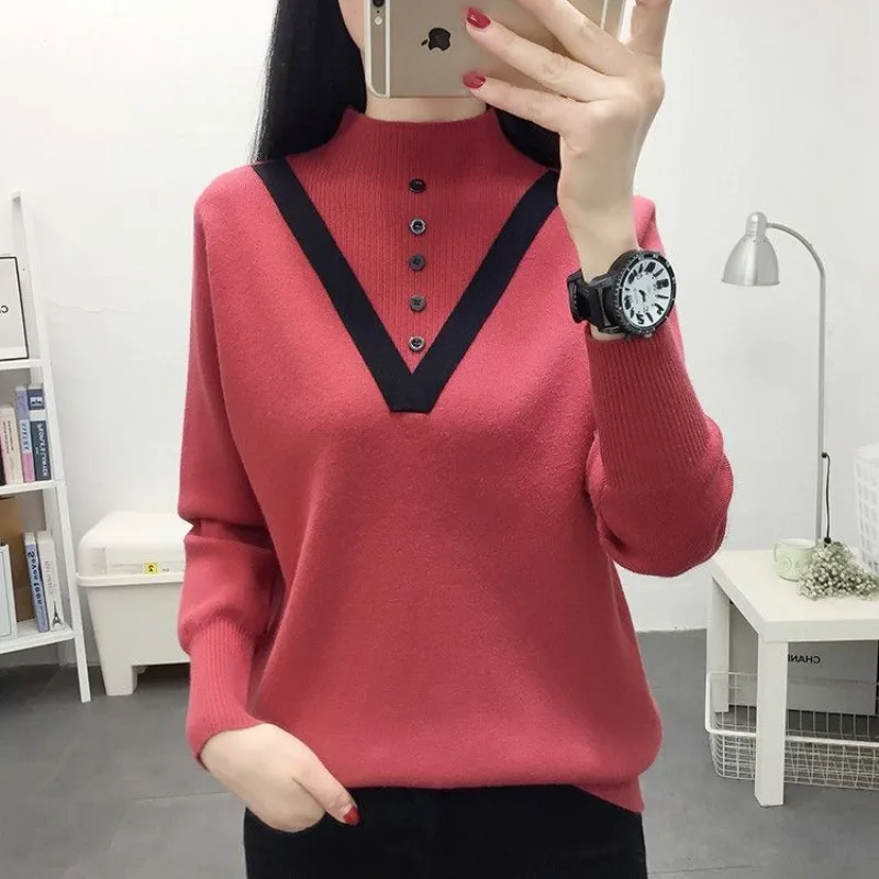 

Autumn Winter Women's Turtleneck Solid Screw Thread Pullover Button Long Sleeve Sweater Knitted Undershirt Fashion Casual Tops