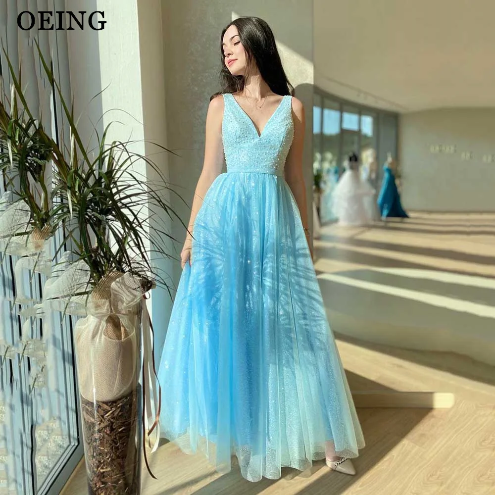 

OEING Sky Blue Tulle Prom Dresses Sparkly V Neck Evening Gowns Shiny Backless Sleeveless Party Dress Vestidos De Fiesta Princess