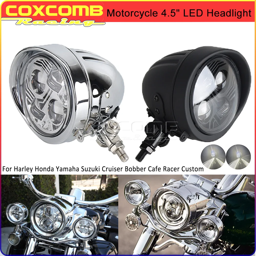 

For Harley Honda Yamaha Suzuki Kawasaki Cruiser Bobber Cafe Racer Motorcycle 4.5'' LED Headlight Vintage Round Visor Headlamp E9