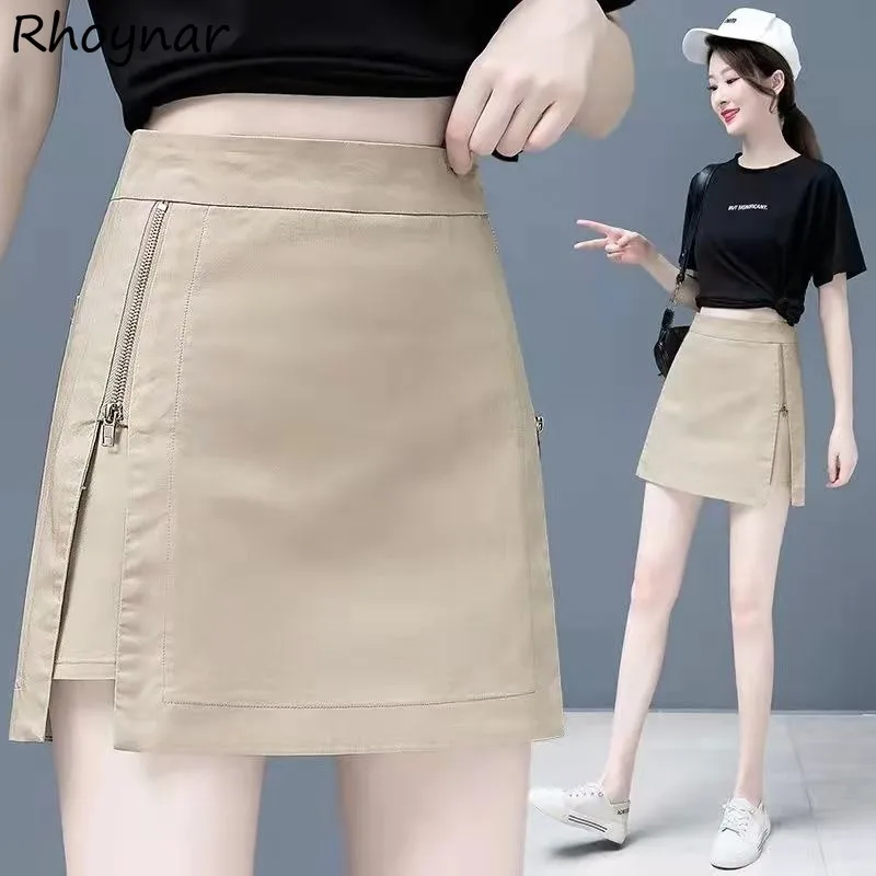 

Solid Mini Skirts Women Zippers Side-slit High Waist Female A-line Hip Wrap Skirt Casual All-match Streetwear Soft Simple Chic