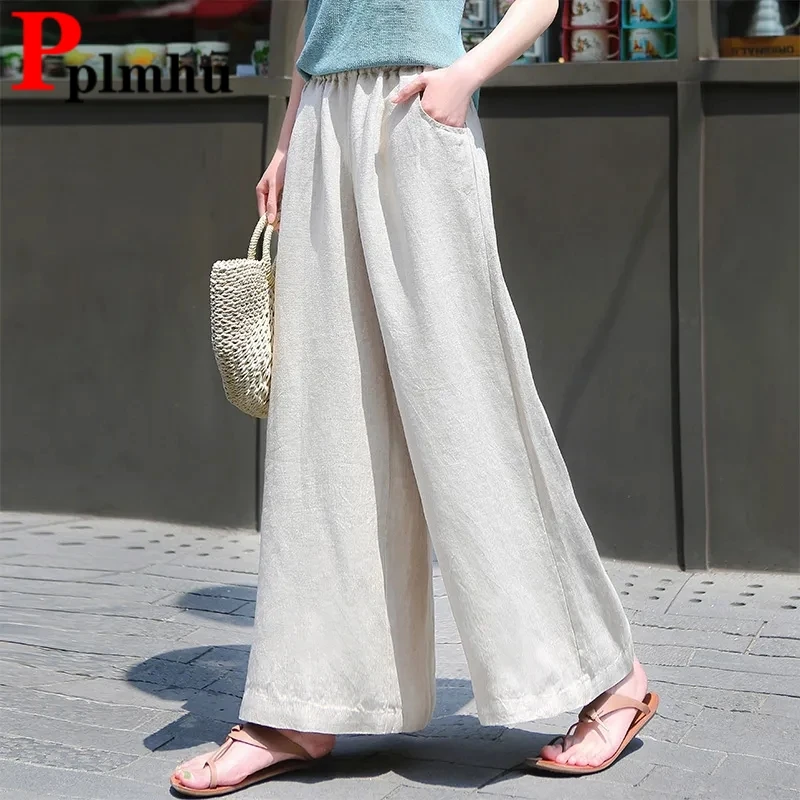 

Cotton Linen Summer Wide Leg Pants Women Casual Sweatpants Thin Baggy Straight Pantalones Korean Elastic High Waist Spodnie