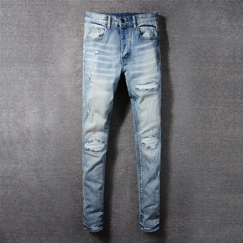 

High Street Fashion Men Jeans Retro Light Blue Stretch Skinny Fit Ripped Jeans Men Leather Patched Designer Hip Hop Brand Pants