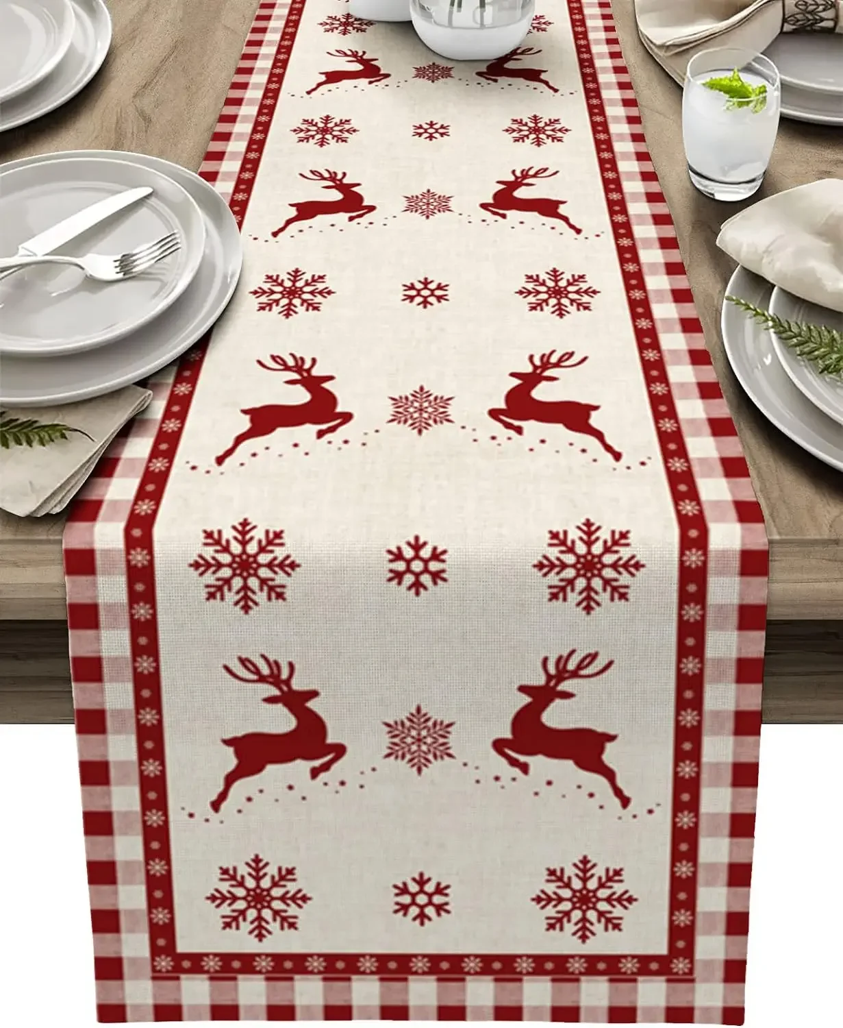 

Christmas Snowflake Elk Red Plaid Linen Table Runners Table Decor Farmhouse Dining Table Runners Dresser Scarves Navidad Decor