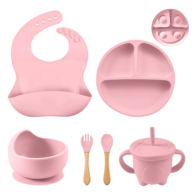 

6/5/4/3PC Silicone Baby Tableware Set Suction Bowl Divided Plate Baby Feeding Spoon Fork Silicone Bibs Straw Cup Children Dishes