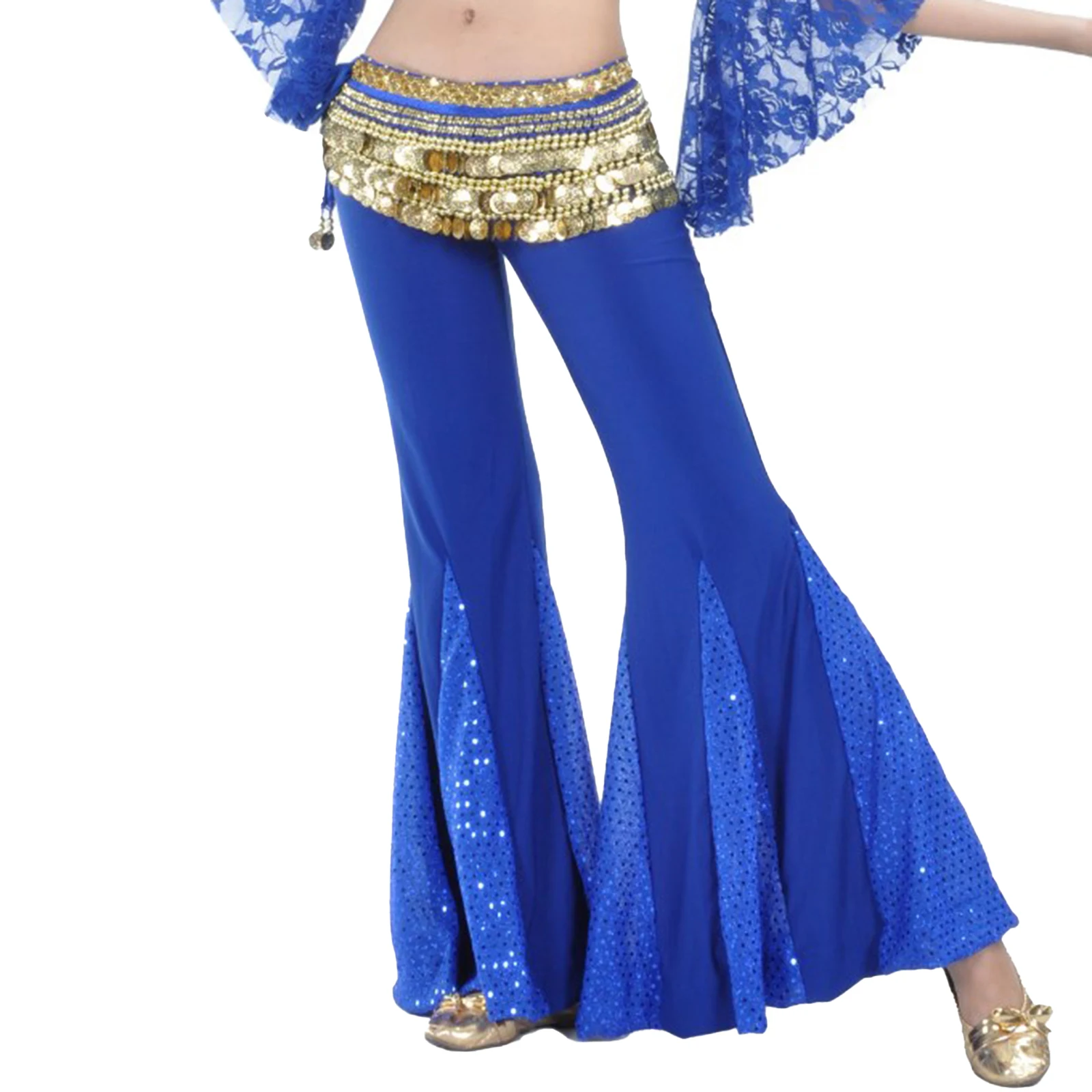 

Women Belly Dance Clothes Shiny Indian Dance Fishtail Pants Low Rise Bell-Bottoms Flared Trousers Bellydance Performance Costume