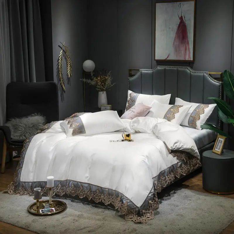 White Lace Embroidered Duvet Cover Set King Queen 4pcs Solid Color Bedclothes Soft Satin Bedding Fitted Bed Sheet Pillowcases
White Lace Embroidered Duvet Cover Set King Queen 4pcs Solid Color Bedclothes Soft Satin Bedding Fitted Bed Sheet Pillowcases