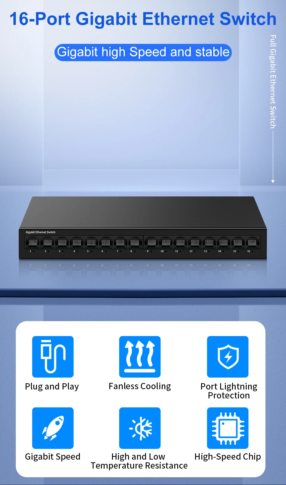 S6dc9f8ca0dfc473fa14a2f37895778aei HORACO 16 Port Gigabit Network Switch Unmanaged 1000M Switch Desktop Plug and Play Fanless Homelab Ethernet Switch