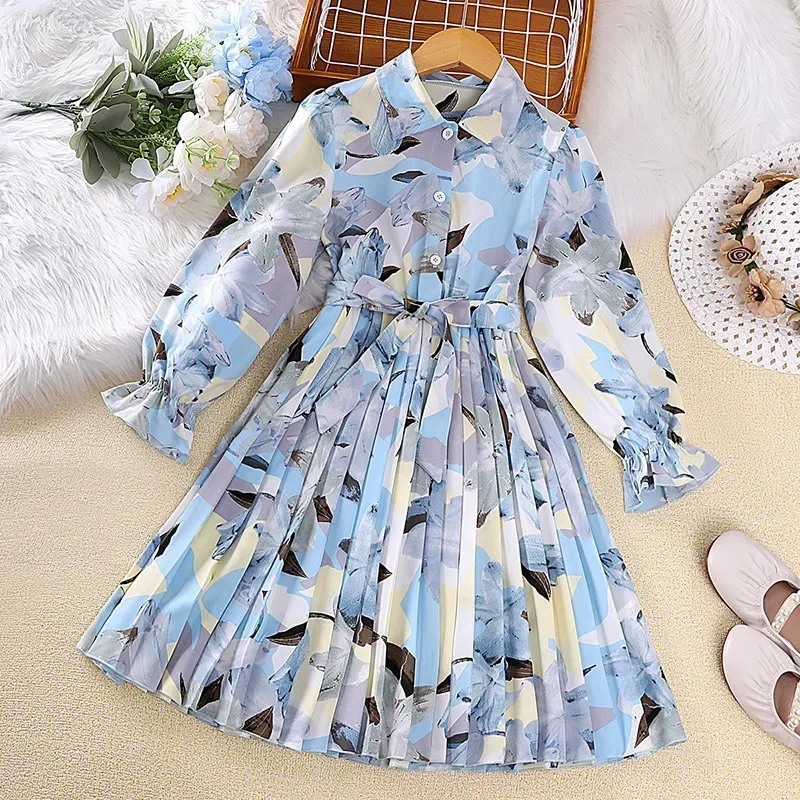 

Kids Casual Dress for Girls Clothes 2023 Spring Autumn New Children Floral Print Long Sleeve Princess Pleat Dress Fashion 7-14Y