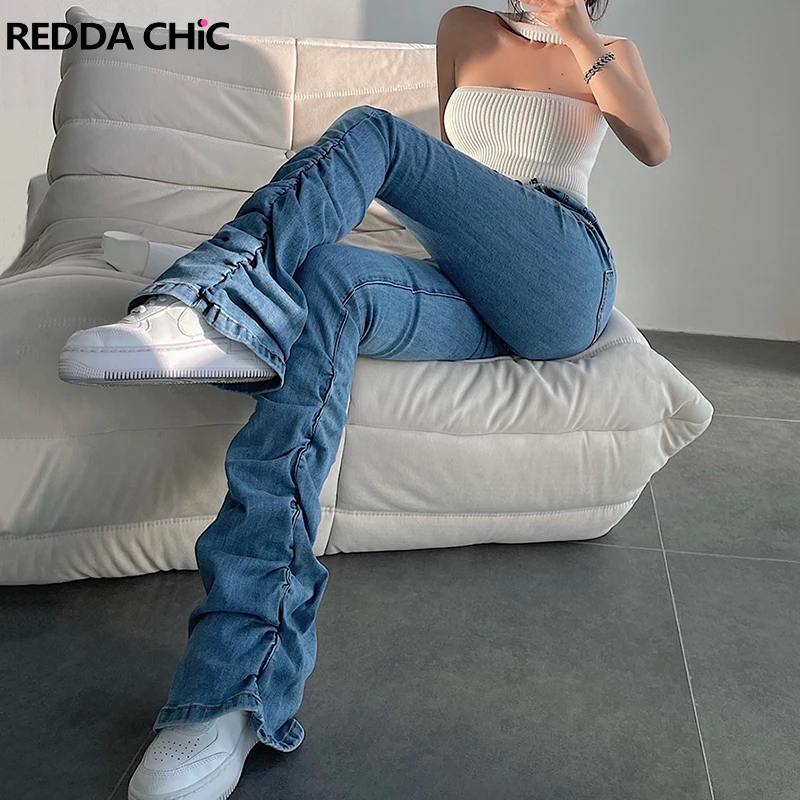 

ReddaChic Solid Blue Ruched Flare Jeans Women Slim Fit Casual Stretchy Stacked High Waist Bootcut Pants Korean Y2k Retro Clothes