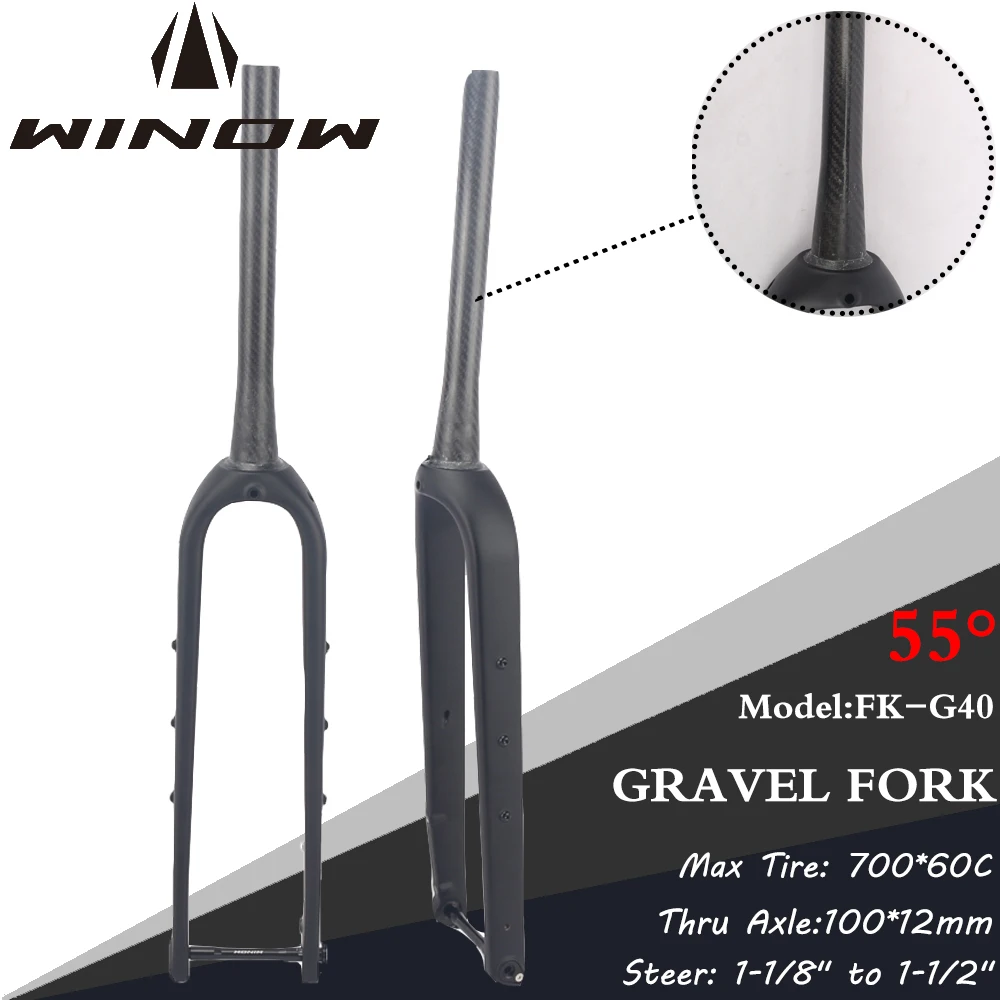 Winow 700C Gravel Carbon Fork 100*12MM Thru Axle 1-1/8" to 1-1/2" Steer 55mm Offset Carbon Front Fork 3K Tube Disc Gravel Forks
Winow 700C Gravel Carbon Fork 100*12MM Thru Axle 1-1/8" to 1-1/2" Steer 55mm Offset Carbon Front Fork 3K Tube Disc Gravel Forks