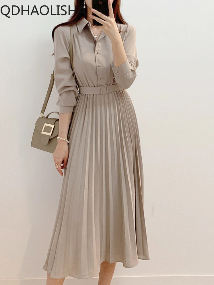 Womens Dresses Korean Spring New in Elegant Long Sleeved Single-breasted High Waisted Shirt Dress Slim Mid-length Pleated Skirt
Womens Dresses Korean Spring New in Elegant Long Sleeved Single-breasted High Waisted Shirt Dress Slim Mid-length Pleated Skirt