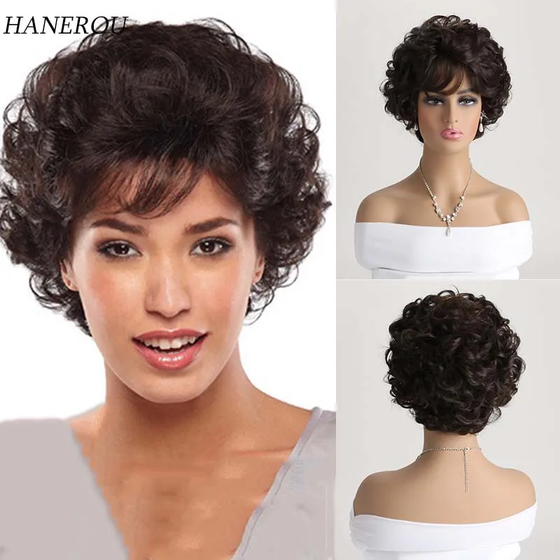 

Short Dark Brown Curly Wigs With Bangs Synthetic Natural Pixie Cut Layered Hair For Women Heat Resistant Fiber Daily Cosplay Wig