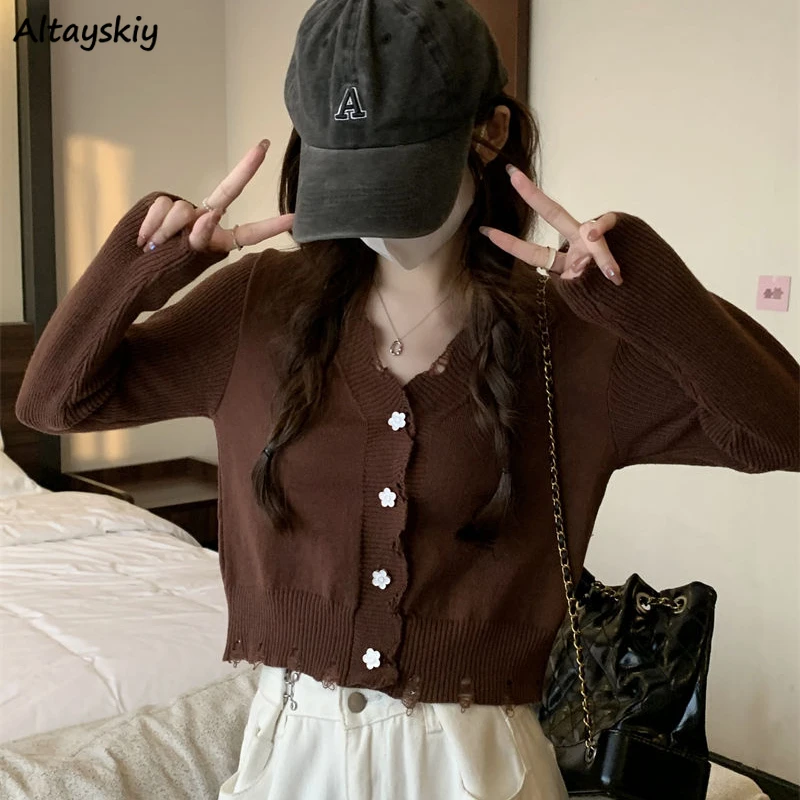 

Cardigans Women French V-neck Knitted Frayed Sweet Girl Long Sleeve Sweater Floral Button Preppy Style Tender Outwear Y2k Tops