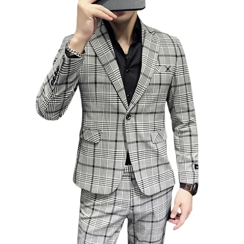 

2023 Men's English Gentleman Korean Version Slim British Style Business Everything Fashion Wedding Hosting Casual Plaid Blazer