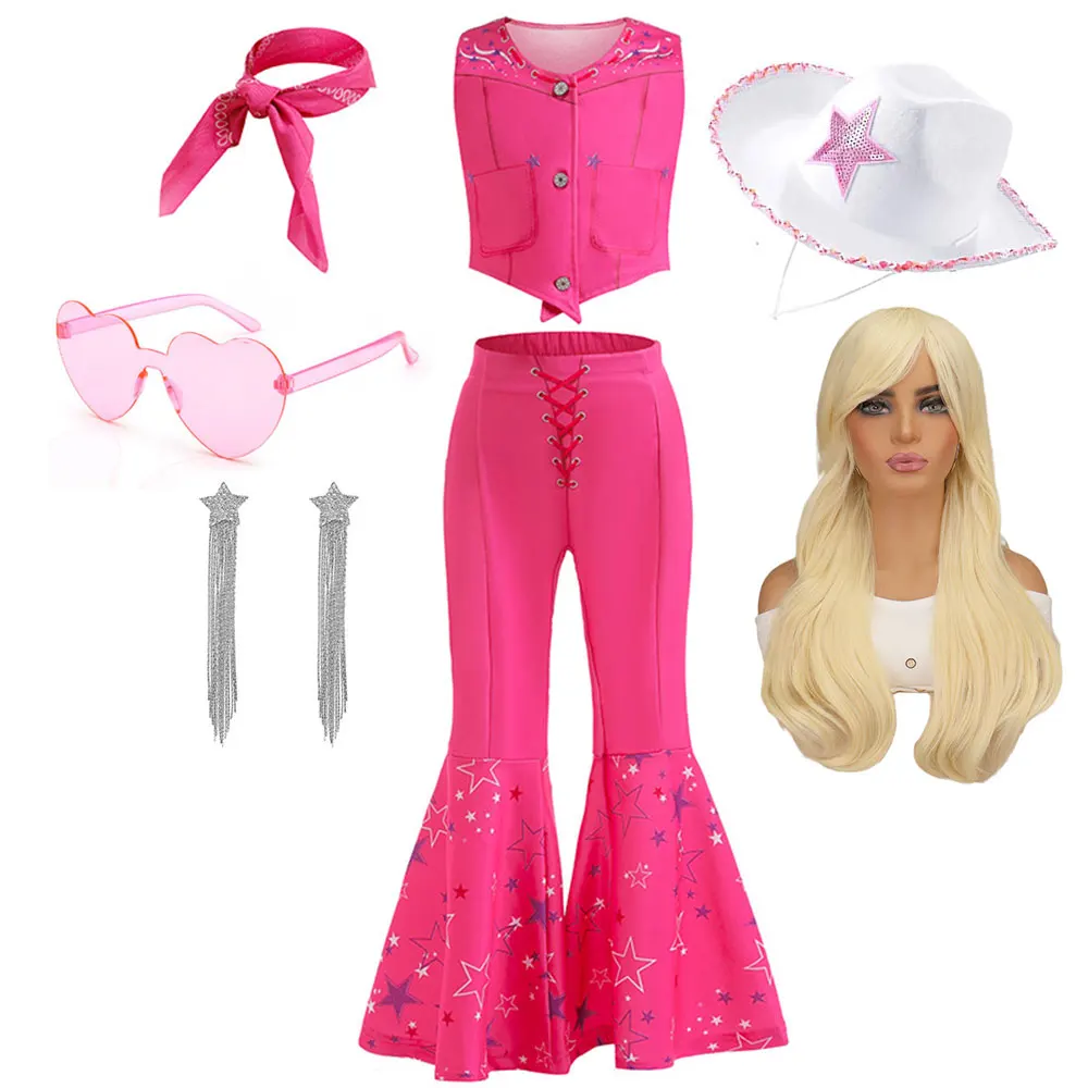 

Fashion Cowboy Look Kids Hot Movie Role Play Clothing Barbi Halloween Cowgirl Cosplay Fuchsia Vest and Flared Pants Child Outfit