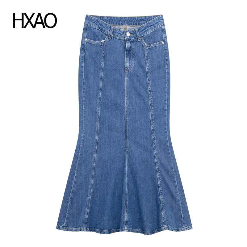 

HXAO Denim Skirts for Women Ruffle Midi Skirt Fashion Blue trumpet Skirt Spring Mermaid Skirts Female Elegant Jeans Skirt 2024