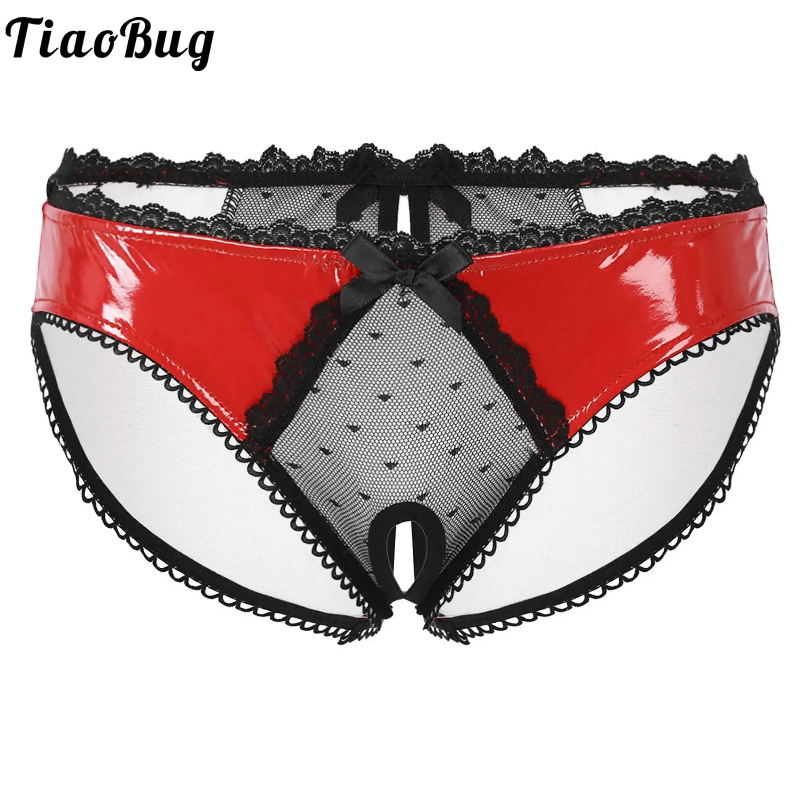 

Mens Sheer Lace Open Crotch Briefs Sissy Bowknot Glossy Patent Leather Panties Low Waist Underpants Underwear Clubwear