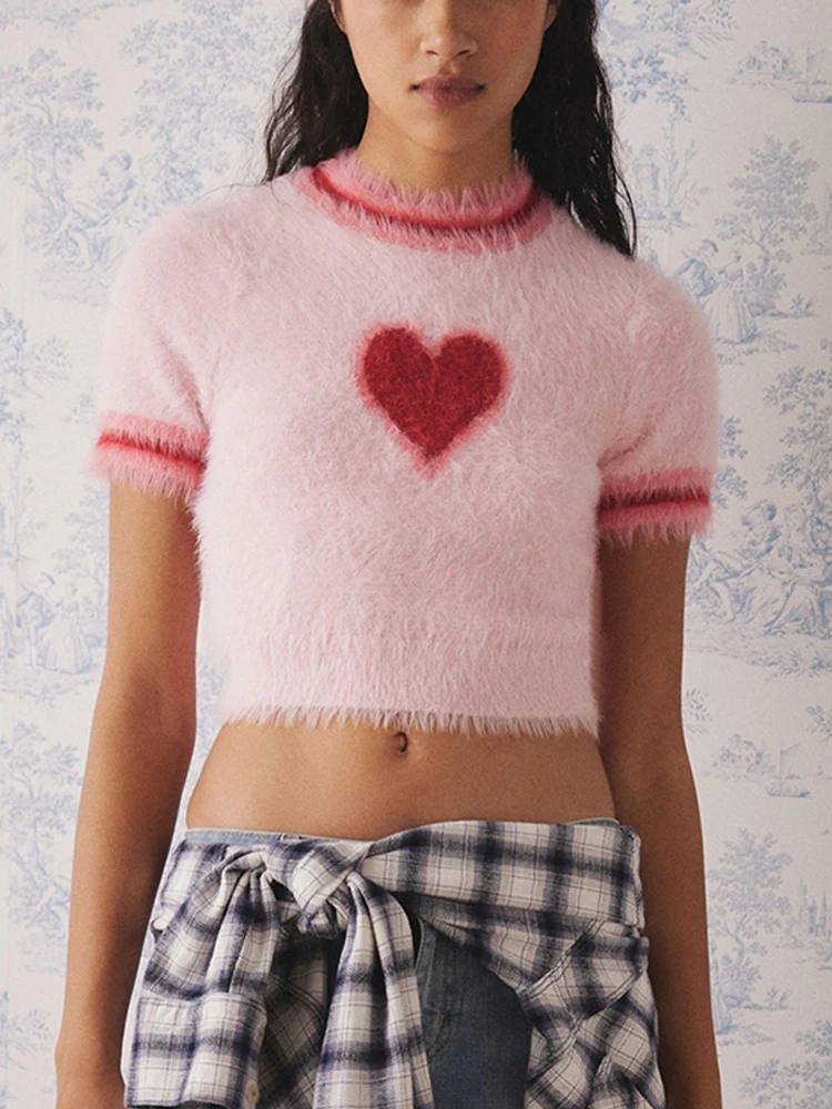 Women's plush blouse lovely short-sleeved heart-shaped pink printed short T-shirt soft slim T-shirt Y2K
Women's plush blouse lovely short-sleeved heart-shaped pink printed short T-shirt soft slim T-shirt Y2K