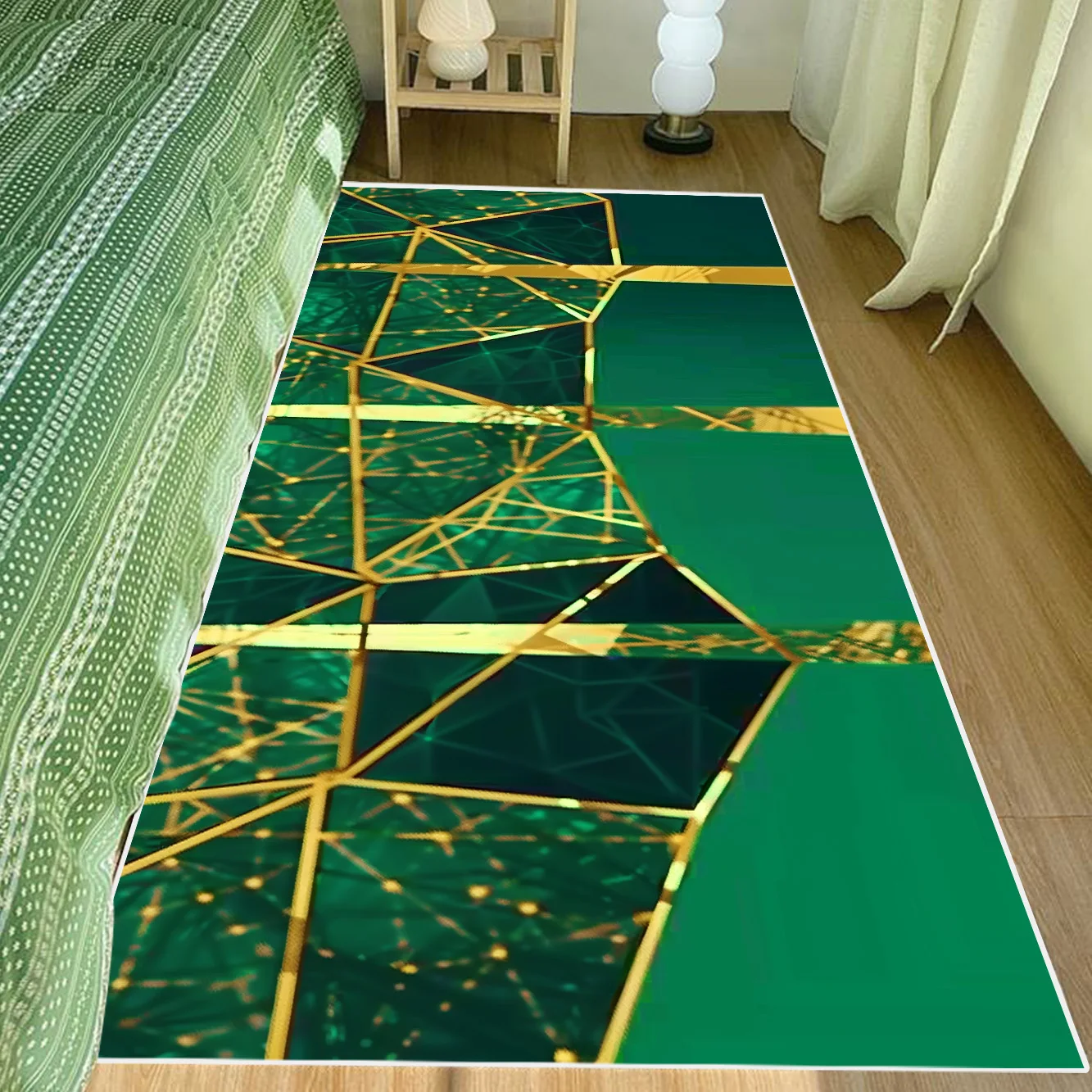 

Green Geometry Carpets for Bedside Fluffy Soft Home Bedroom Non-Slip Long Floor Mat Kitchen Bathroom Balcony Corridor Decor Rugs