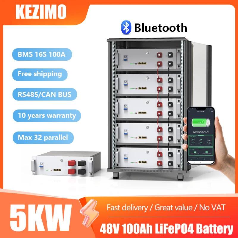 

48V 100AH LiFePO4 Battery Pack Bluetooth 51.2V 5KW Lithium Battery 6000+ Cycles With RS485/CAN Bus For Solar Inverter NO TAX