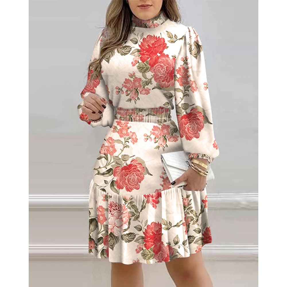 

2024 Spring Women Floral Print Hem Ruffle Lantern Sleeve Mock Neck Dress Long Sleeve Shirred Casual Midi Party Dress Elegant