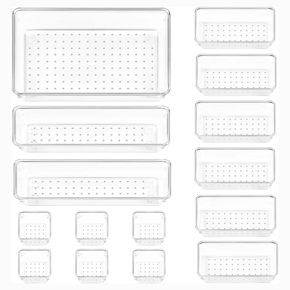 15-Piece Versatile Drawer Organizer Set - Clear Plastic Trays and Dividers in 4 Sizes for Perfect Makeup and Kitchen Storage
15-Piece Versatile Drawer Organizer Set - Clear Plastic Trays and Dividers in 4 Sizes for Perfect Makeup and Kitchen Storage