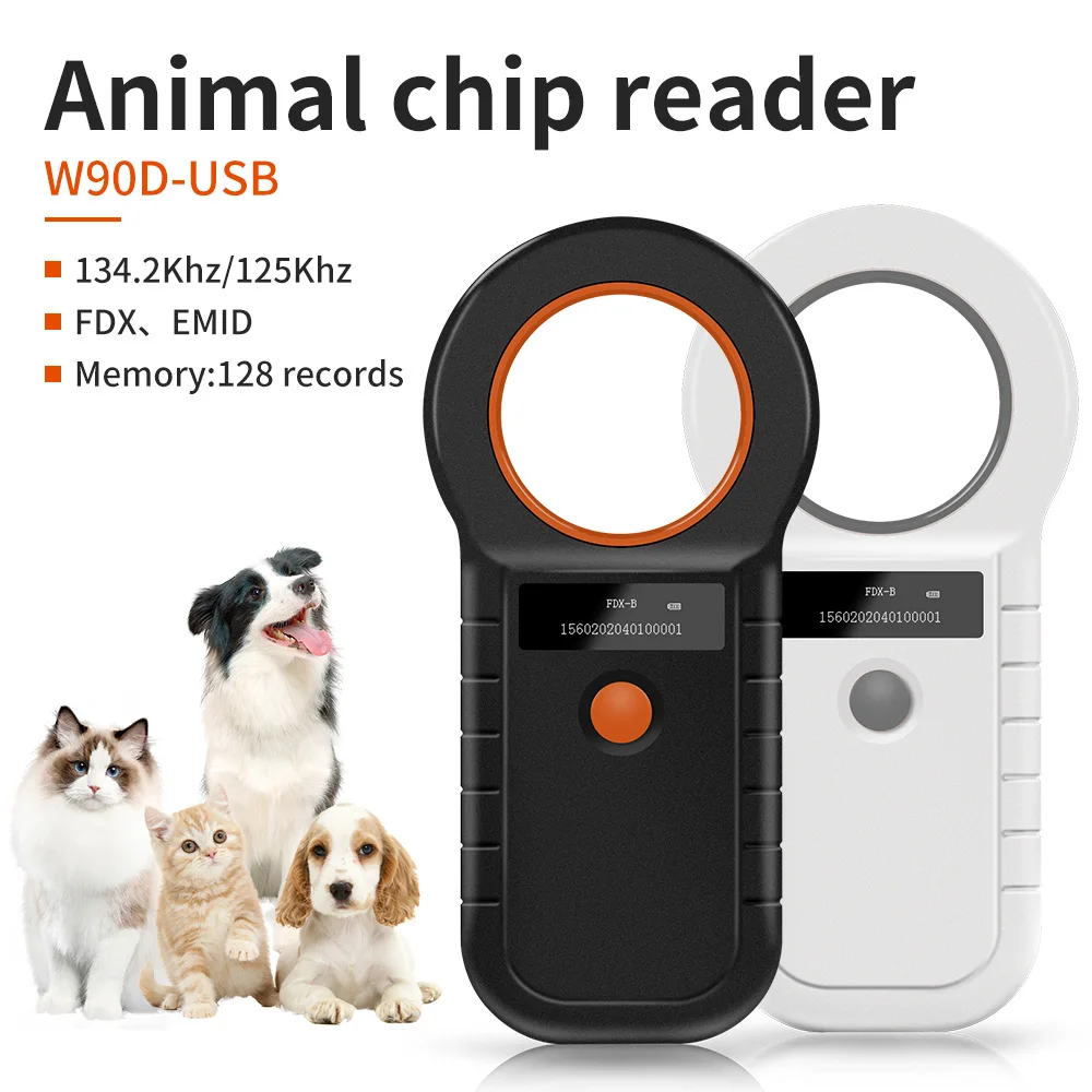 

Portable pet ID reader for dogs, cats, and pigs with 134.2KHz/125KHz RFID, EMID/FDX-B, ISO11784/85 support, and 128 data storage