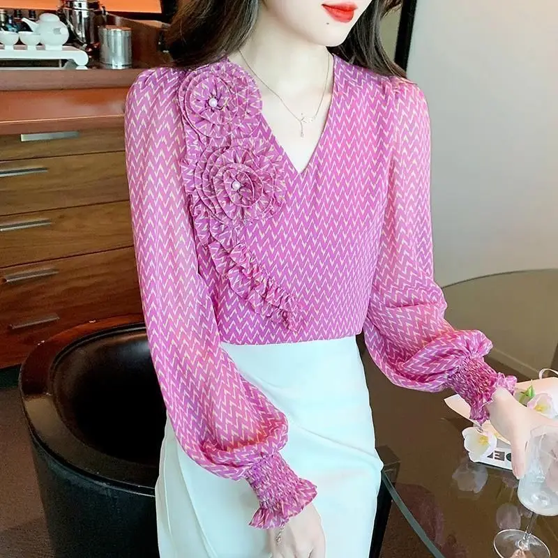 

Spring Autumn New Women's Pullovers Retro and Chic Small Floral V-neck Splicing Ruffles Simplicity Slim Long Sleeve Chiffon Tops