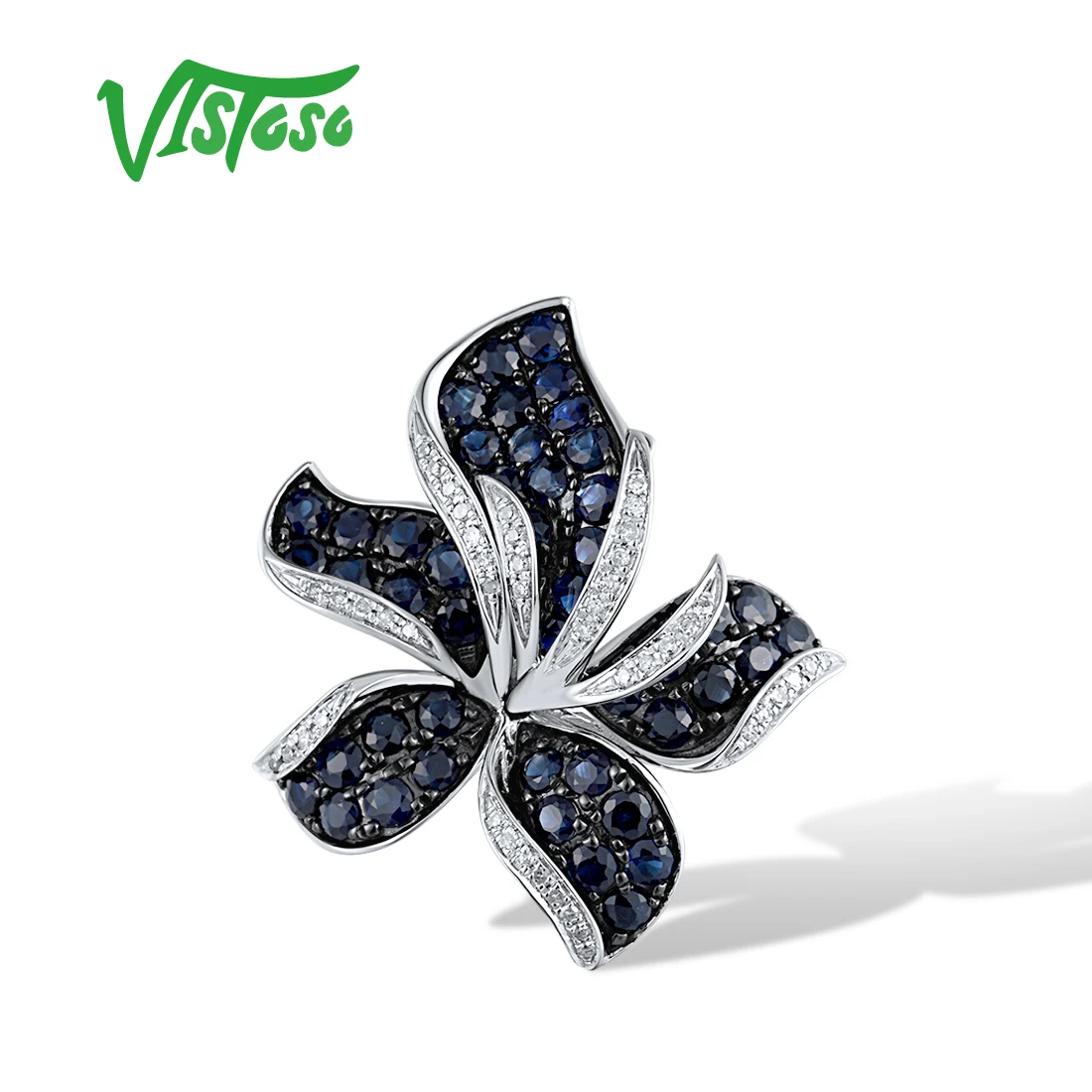 

VISTOSO Authentic 14K 585 White Gold Pendant For Women Sparkling Diamond Blue Sapphire Lily Flower Elegant Gift Fine Jewelry Set