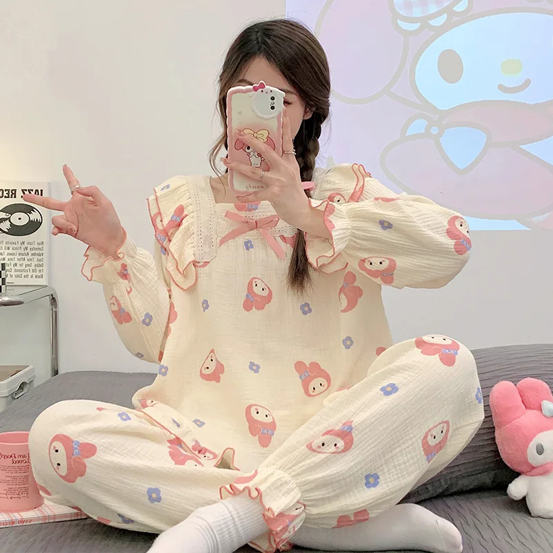 

Anime Kawaii Sanrio Hello Kitty Cinnamoroll Kuromi My Melody Women's Pure Cotton Pajamas Spring Autumn Longsleeved Cute Home Set