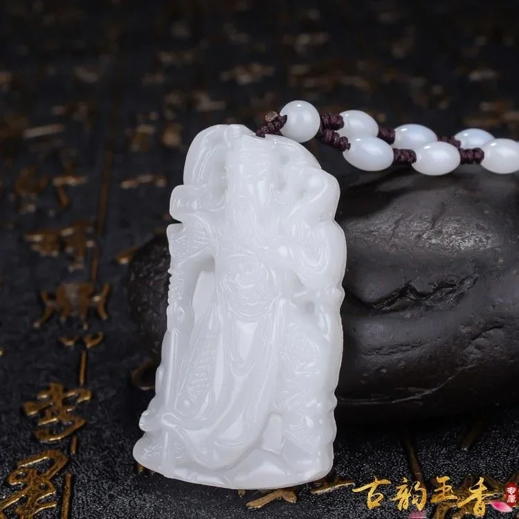 

Natural White Jade Guangong Pendant Jadeite Necklace Charm Jewellery Fashion Accessories Hand-Carved Man Luck Amulet Gifts